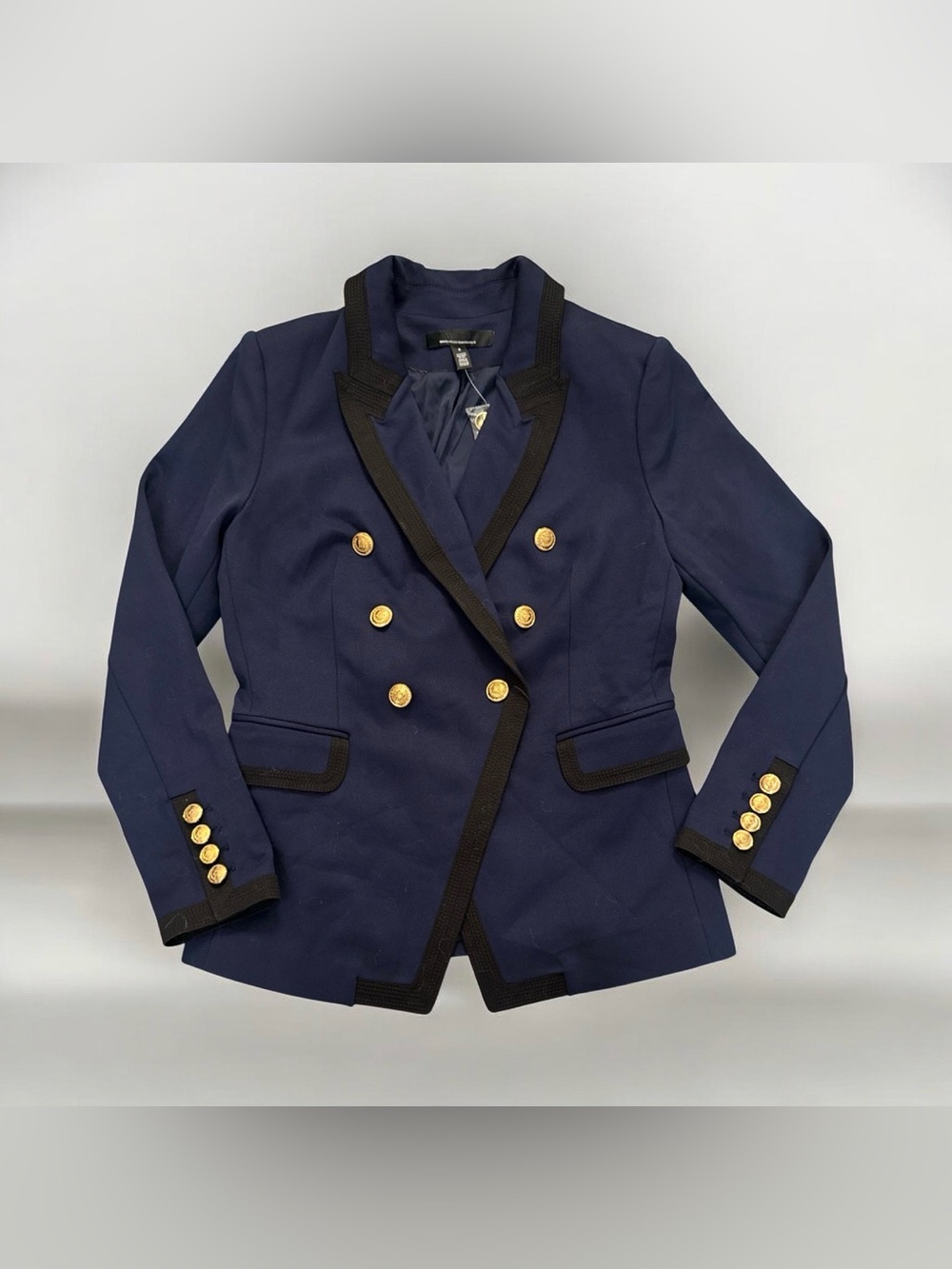 White House Black Market Navy Blazer with Black Trim and Gold Buttons